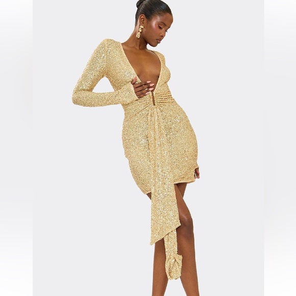 Dresses & Skirts - Gold Sequin Long-Sleeve V-Neck Party Dress